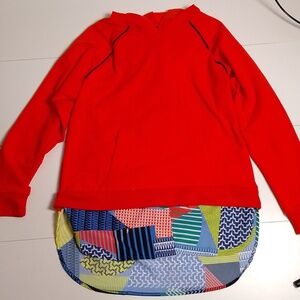 Mark. Red hoodie with layered look. Colorful faux undershirt size M Fun playful